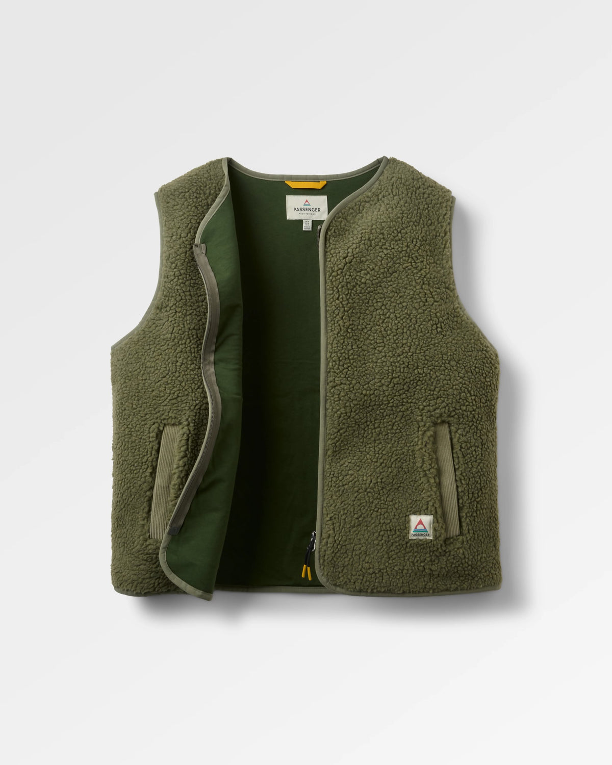 Tawny Collarless Deep-Pile Sherpa Gilet - Dusty Olive - Flatlay