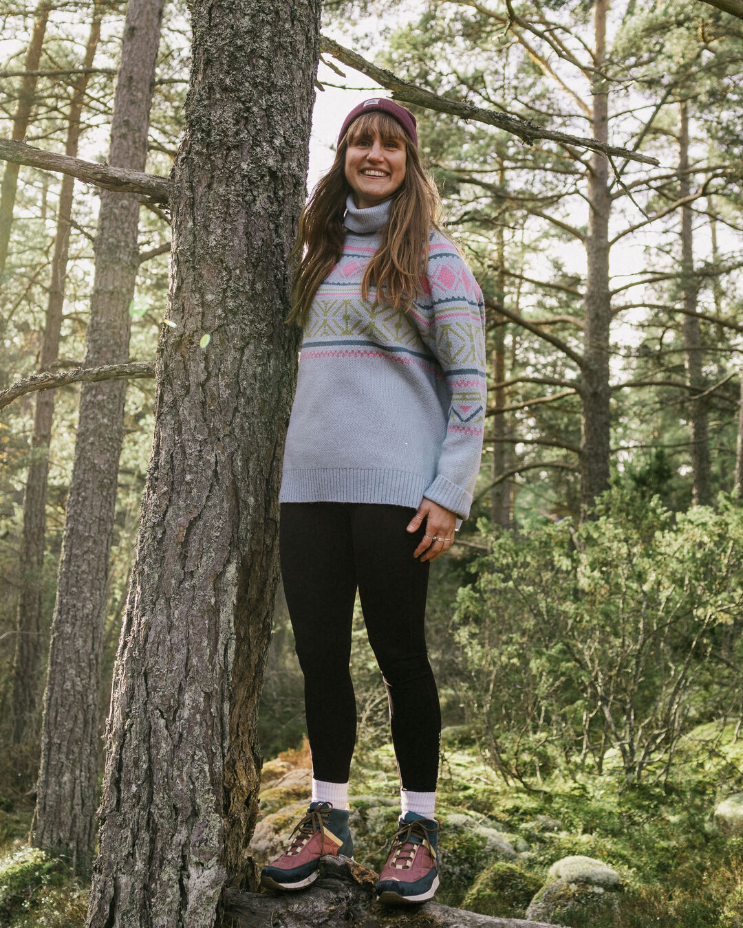 Whimsical Oversized Polo Neck Knitted Jumper - Homespun Stripe Blue Fog - Lifestyle
