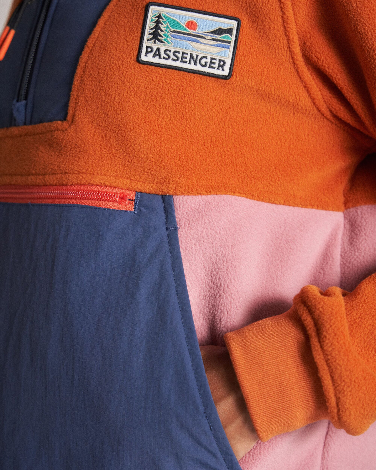 Alexander Hooded Polar Fleece - Dark Denim/Sunset Orange - Studio Model