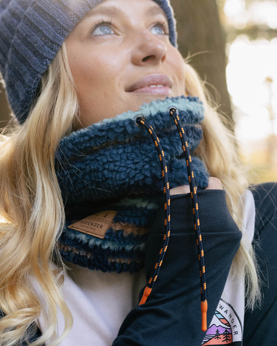 Mulled Sherpa Fleece Snood - Blue Coral Geo Pattern - Lifestyle