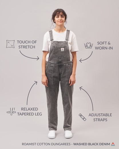 Roamist Cotton Dungarees - Washed Black Denim - Lifestyle