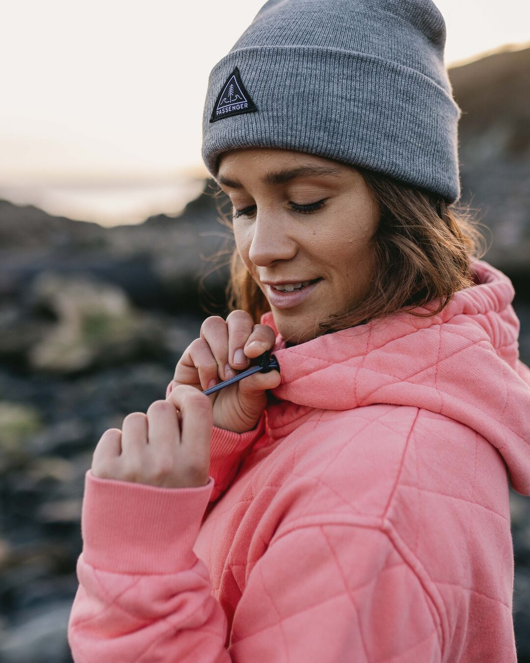 Clementine Quilted Popper Up Hoodie - Shell Pink - Lifestyle