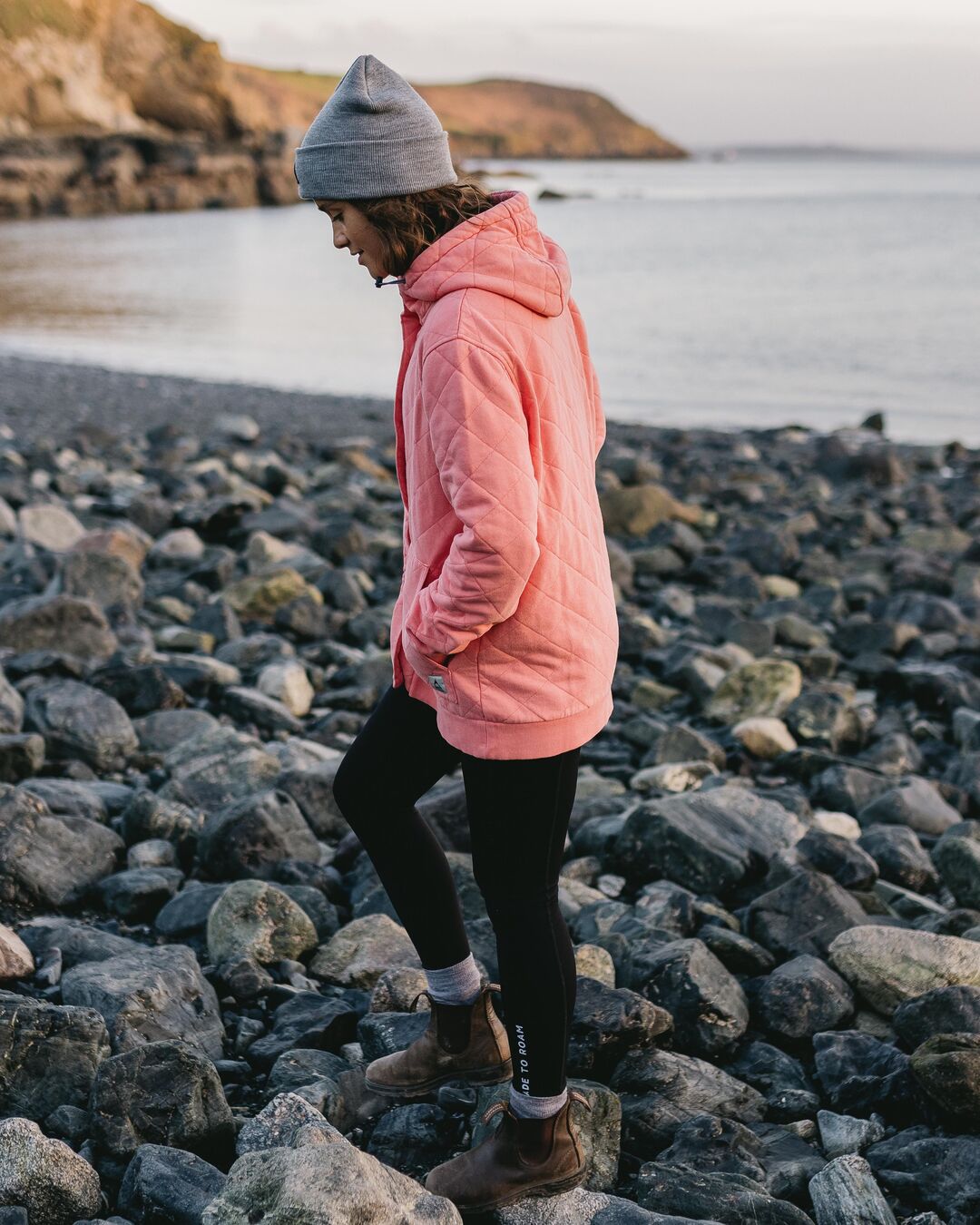 Clementine Quilted Popper Up Hoodie - Shell Pink - Lifestyle